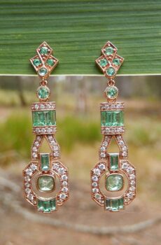 Colombian Emerald and Diamond Art Deco Style Earrings in 18ct Rose Gold