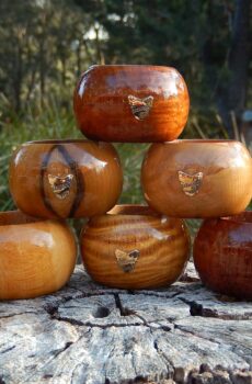 Six Napkin Rings with 9ct Gold Tasmania Map, Shott & Sons